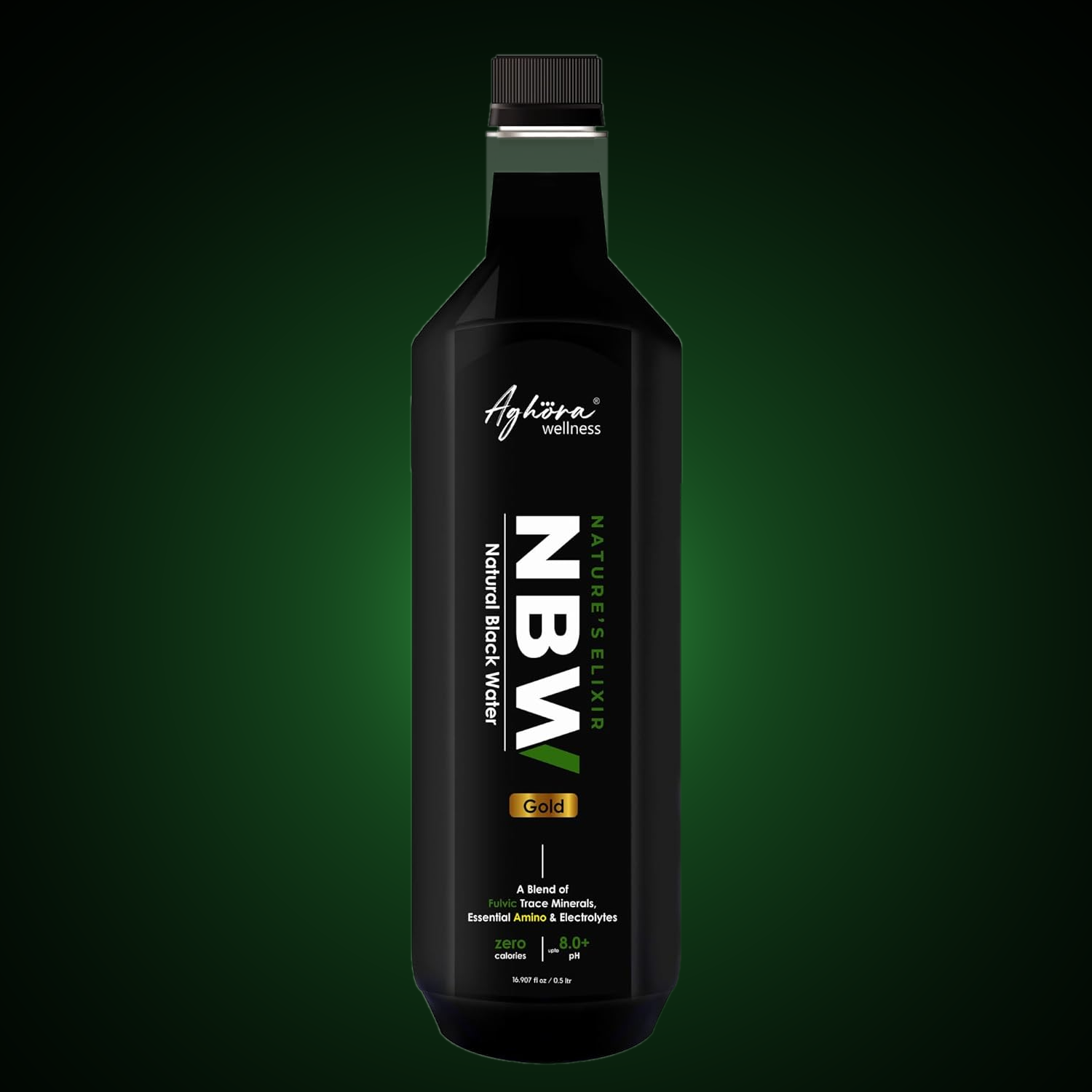 Aghora NBW GOLD alkaline black water bottle held in hand
