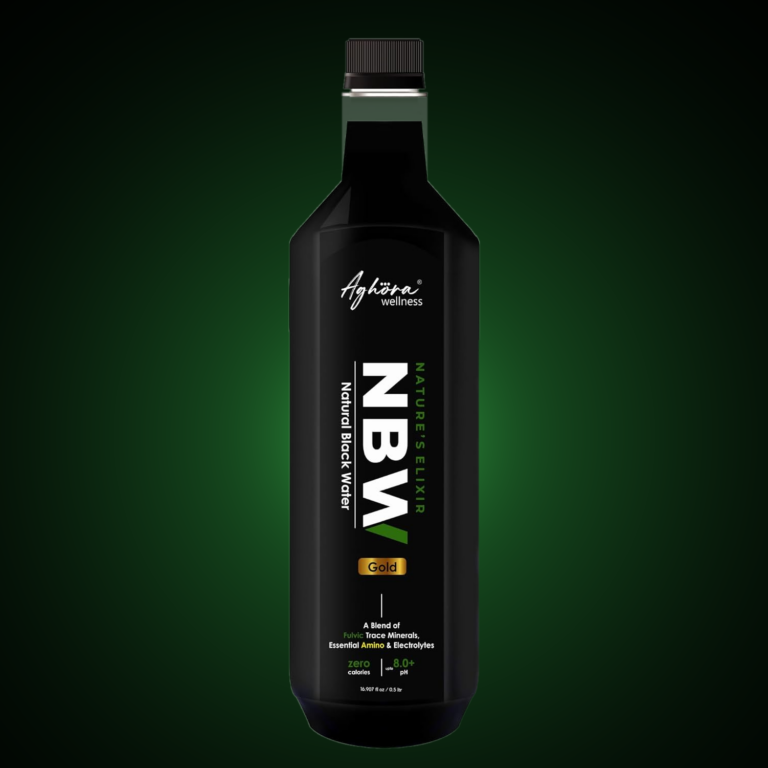 Aghora NBW GOLD bottle on a green gradient backdrop