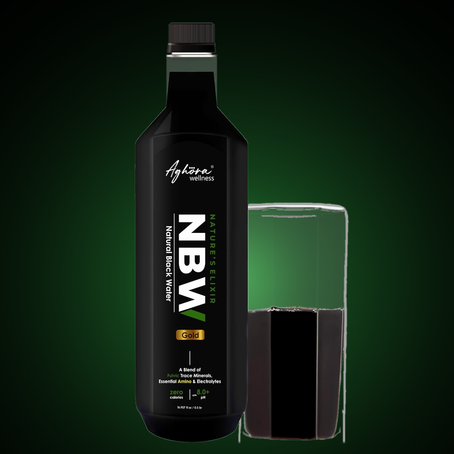 A glass of Aghora natural black alkaline water beside the NBW Gold bottle